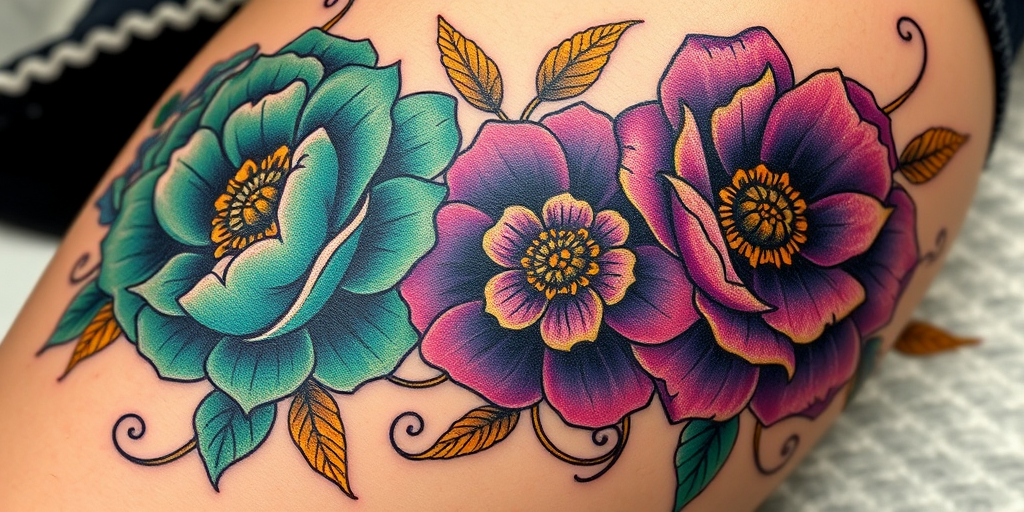 Neo-traditional tattoo named "Floral Reverie" featuring bold, stylized flowers in rich jewel tones of emerald, sapphire, and amethyst, accented with golden leaves and swirling vines, combining thick outlines with smooth color gradients for a striking visual impact, suitable for thigh or shoulder placement