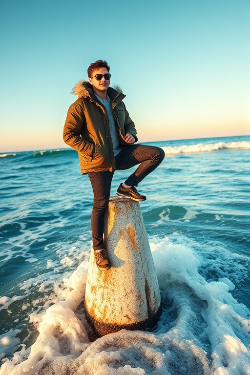 Capture a full body shot of a person wearing sunglasses and a winter jacket, posed on a weathered post in the ocean, with waves crashing around, shot at a low angle using a Canon EOS R5 with a 24-70mm f/2.8 lens, aperture set to f/4, ISO 100, and shutter speed of 1/250s, in natural lighting during golden hour for enhanced quality.