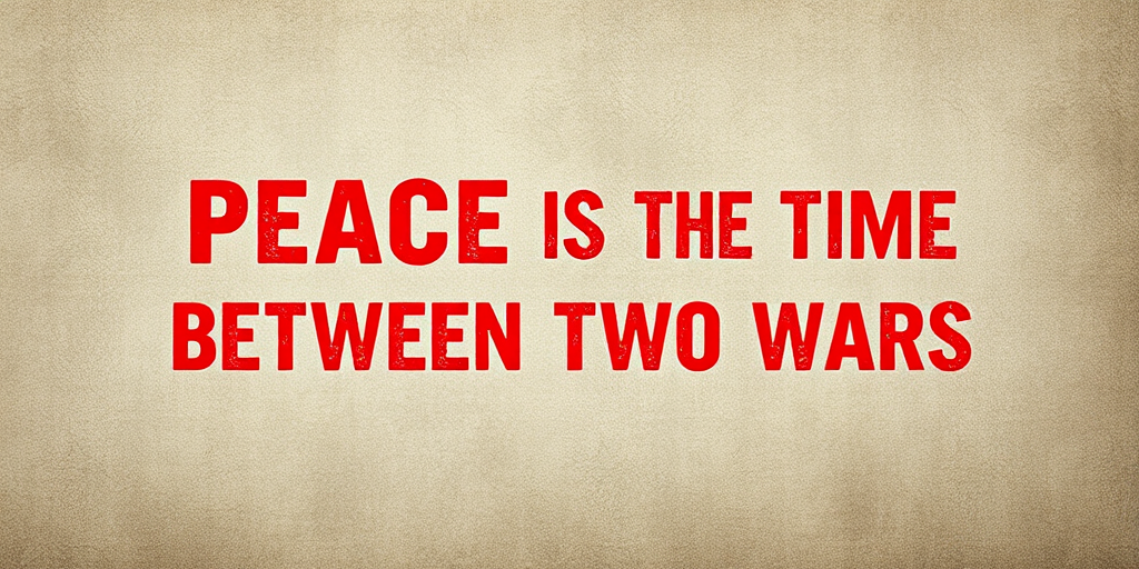 Generate an image with the text "PEACE IS THE TIME BETWEEN TWO WARS" in bold, distressed red letters on a textured background, using a Canon EOS R5 camera, 24mm lens, f/4 aperture, ISO 100, shot in portrait orientation with soft lighting to enhance depth and clarity.