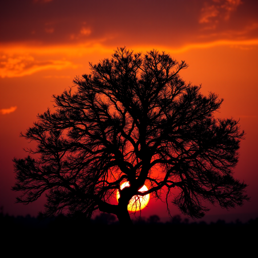 Create a high-resolution image of an artistic tree silhouette against a sunset background with vibrant oranges and purples, using a DSLR camera, f/8 aperture, ISO 100, 50mm lens, shot in landscape view for enhanced depth and clarity.