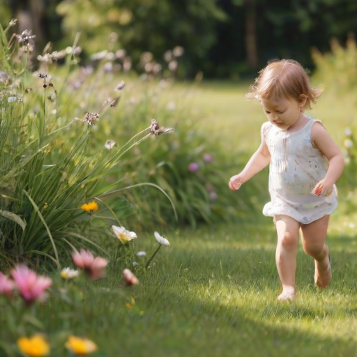 Blurry candid shot of a toddler chasing a butterfly through a garden, soft focus on the motion, distant flowers swaying gently in the breeze, and the sound of tiny footsteps on the grass.