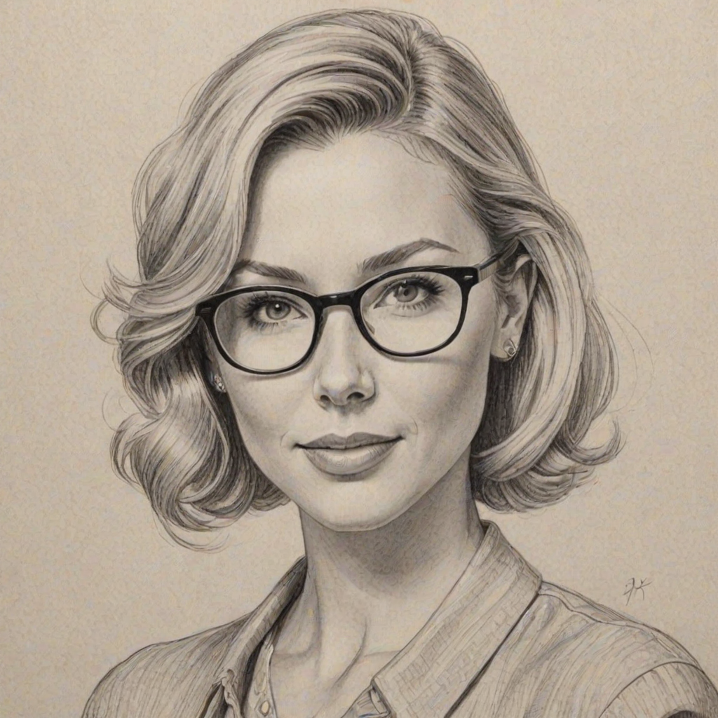 Comely Desi Lydic, pencil sketch, portrait of Radiant woman 1950s in glasses, hair style beatnik, outline, clear lines, fine lines, 8k