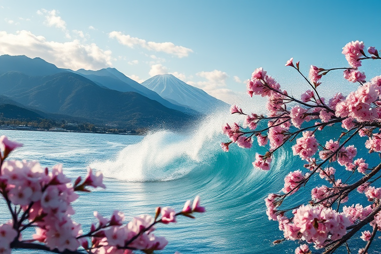 Create a high-resolution image of a dynamic wave with cherry blossoms in the foreground, set against a serene mountain landscape under a clear sky with soft clouds, captured with a DSLR camera at f/8 aperture, 1/250 shutter speed, and ISO 100, using a wide-angle lens for a vibrant and detailed perspective.