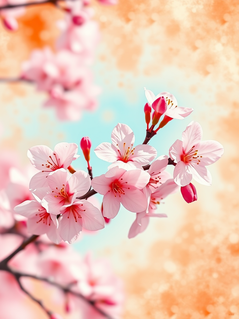 Create a vibrant digital painting of cherry blossoms with a soft orange watercolor background, captured with a DSLR camera at f/4, ISO 100, 50mm lens, top-down view, high dynamic range style.
