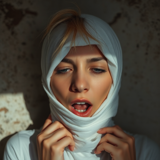 Create a close-up photographic image of a Mizrahi woman with light skin tones shown against an old, worn wall. Their head is wrapped in a white cloth covering (i.e.... parts of the head except the nose and mouth, which are open as if they are screaming...), with a slight texture and visible folds in the fabric. Thin strands of blonde hair escape from the wrapping above, falling lightly at the top and sides. Their hands hold the fabric as if they are tugging nervously. The lighting is dramatic and even, casting strong shadows. The image has a minimalist and surreal style with an emphasis on simplicity with soft color tones. The composition is centered.