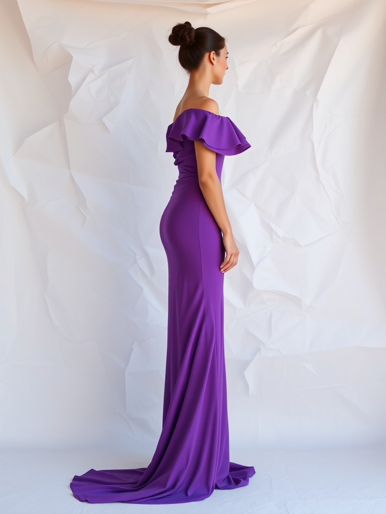 Full-body shot of a model wearing a purple off-shoulder gown with pleats, against a backdrop of crumpled white paper, taken with a Canon EOS R5, 50mm lens, aperture f/1.8, ISO 100, natural light for soft shadows.