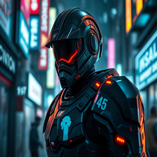 Futuristic armored character in a neon-lit urban setting, high-definition 4K resolution, ISO 100, f/2.8 aperture, 24mm lens, medium shot, controlled lighting for dramatic shadows, rendered in a hyper-realistic style.