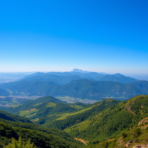 Generate a high-resolution landscape image of a mountain range under a clear blue sky with lush green valleys in the foreground, shot with a DSLR camera at f/8, ISO 100, shutter speed 1/200s, using a wide-angle lens from a high viewpoint.