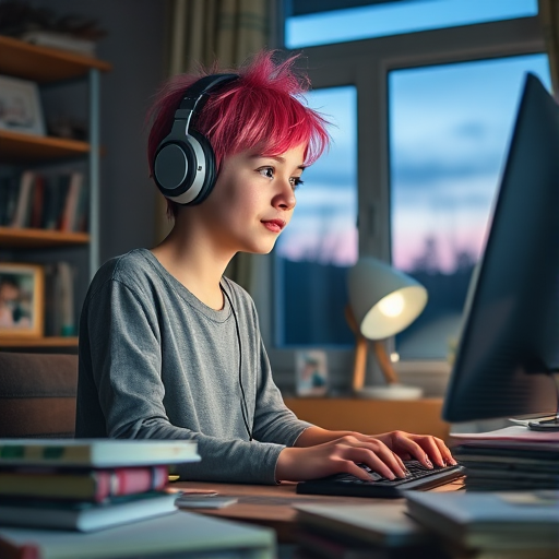 Low-resolution snapshot, indoor setting, teenage girl with short, bright pink hair, sitting at a cluttered desk, wearing oversized headphones, focused on a computer screen, soft ambient light from a small desk lamp, books and notebooks scattered around, framed family photo in the corner, open window behind her showing twilight sky.