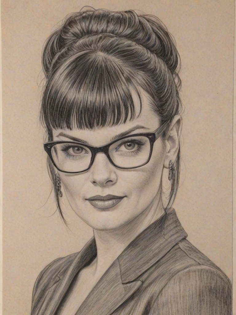 Resplendent Pauley Perrette, pencil sketch, portrait of Elegant woman 1961s in glasses, hair style beatnik, outline, clear lines, fine lines, 8k