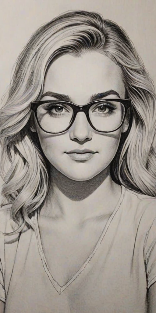 Superb Jamie Lynn Spears, pencil sketch, portrait of Radiant woman 1944s in glasses, hair style beatnik, outline, clear lines, fine lines, 8k