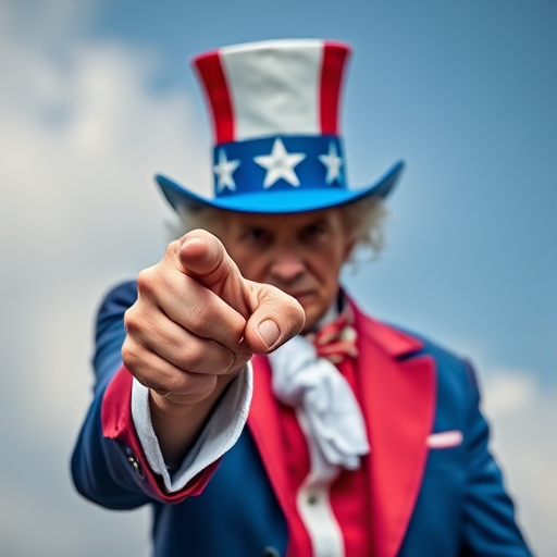 Regenerate image of a patriotic figure pointing directly at the viewer, using a Canon EOS R5 camera, 50mm lens, f/1.8 aperture, 1/200 sec shutter speed, natural light, and a slightly overexposed look for enhanced vibrancy.