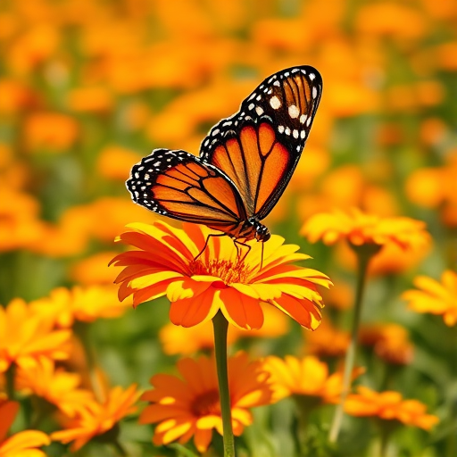 Create an image of a butterfly perched on a vibrant orange flower, surrounded by a field of yellow and orange flowers. The scene should be bright and colorful, capturing the beauty of nature in a sunny setting. Focus on the intricate patterns of the butterfly's wings and the delicate petals of the flowers.