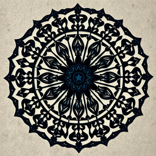 Create a high-resolution image of an intricate black mandala design with symmetrical patterns centered on a star, shot with a Canon EOS R5 at f/8, ISO 100, 50mm lens, in natural light from an overhead angle for enhanced detail and sharpness.