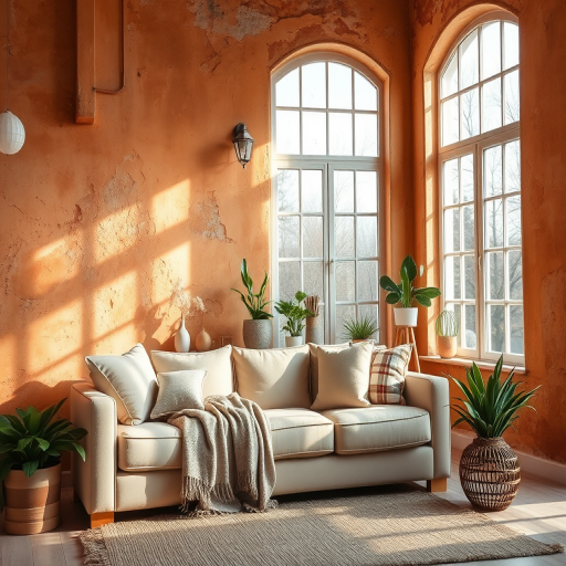 interior room with a weathered orange plaster wall, a cozy beige sofa with cushions, a soft throw, natural light streaming through large windows, plant accents, use a 50mm lens, aperture f/1.8, ISO 100, and a shallow depth of field to enhance image quality, HDR effect