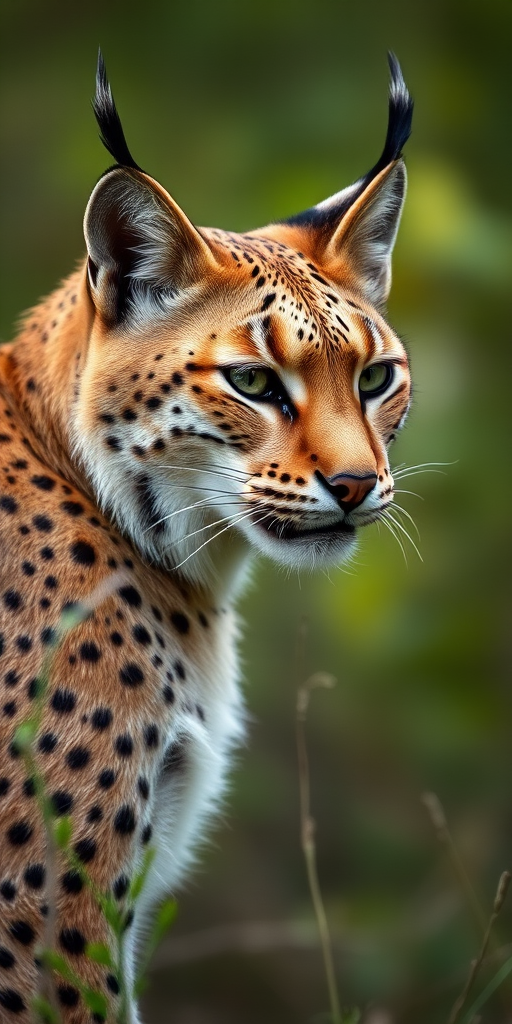 Lynx in a natural setting, captured with a Canon EOS 5D Mark IV, 85mm lens, aperture f/2.8, ISO 200, shutter speed 1/250s, shallow depth of field, soft bokeh background, side profile view highlighting facial details.