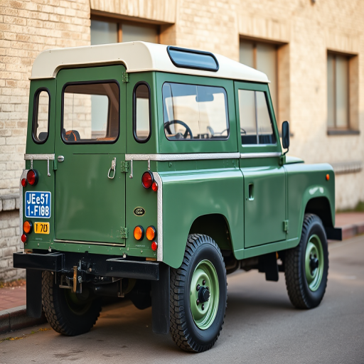 photograph of a vintage green Land Rover Defender parked outdoors, shot with a DSLR camera at f/8 for depth of field, ISO 100 to reduce noise, 50mm lens for sharpness, side angle view for detail capture, natural lighting to highlight colors and textures