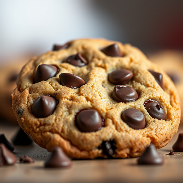 A macro shot of a freshly baked chocolate chip cookie with melted chocolate chips, set against a softly blurred bokeh background, using a Canon EOS R5, 100mm f/2.8 lens, aperture f/2.8, ISO 100, shutter speed 1/200s, natural light to enhance textures and colors.