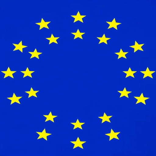 Create an image of the European Union flag with a bright blue background and a circle of twelve yellow stars arranged in a circle, shot with a Canon EOS 5D Mark IV, using a 50mm lens at f/8, ISO 100, well-lit with soft natural light for enhanced clarity and color vibrance.