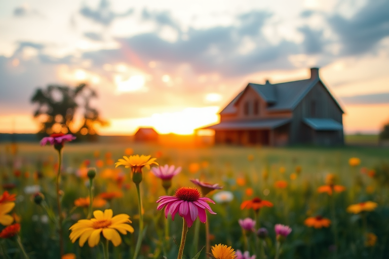 Generate a serene watercolor landscape image featuring a rustic farmhouse surrounded by vibrant wildflowers in soft focus during sunset, captured with a Canon EOS R5, using a 50mm f/1.8 lens at f/2.8, ISO 100, with a golden hour lighting effect and a slight vignette for depth.