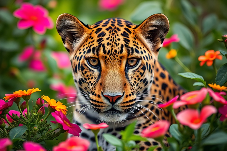 highly detailed portrait of a leopard surrounded by vibrant flowers and greenery, soft focus background, natural light, 50mm lens, f/1.8 aperture, ISO 100, captured with a DSLR camera to enhance image quality