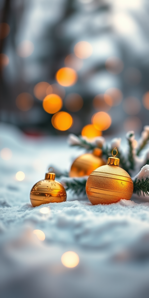 Christmas ornaments in golden hues on a snowy surface with a warm bokeh background, captured with a DSLR camera, 50mm lens, f/2.8 aperture, ISO 100, 1/200s shutter speed, soft focus style.