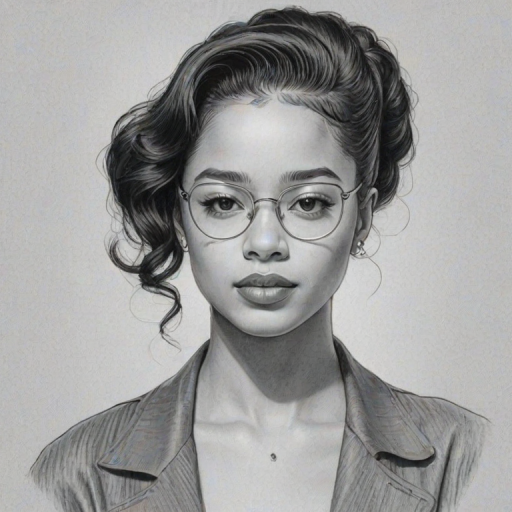 Captivating Ella Mai, pencil sketch, portrait of Elegant woman 1936s in glasses, hair style beatnik, outline, clear lines, fine lines, 8k