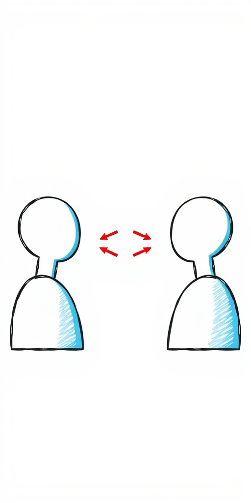 Create an illustration of two stylized user icons facing each other with arrows indicating a connection between them, using a digital drawing style, captured in high resolution with a focus on clarity and color vibrancy, using a Canon EOS R5 camera at f/2.8 aperture, ISO 100, and a 50mm lens for sharp detail and soft background blur.