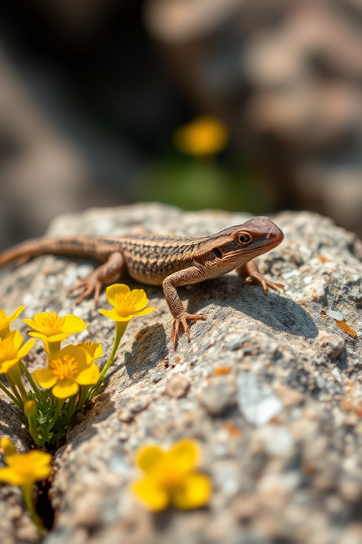 Lizard on rock with yellow flowers, natural lighting, close-up view, 50mm lens, f/2.8 aperture, ISO 100, 1/250 sec shutter speed, macro photography style.