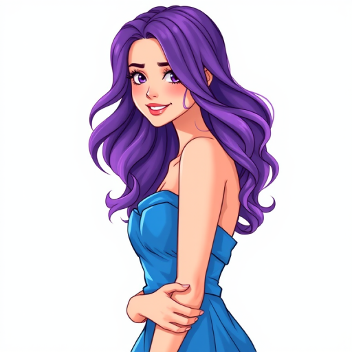 Create a vibrant digital illustration of a young woman in a blue strapless dress with wavy purple hair, standing with one hand on her arm and a confident smile, using a high-resolution 35mm camera setting, 50mm lens, f/1.8 aperture, natural lighting, and portrait orientation.