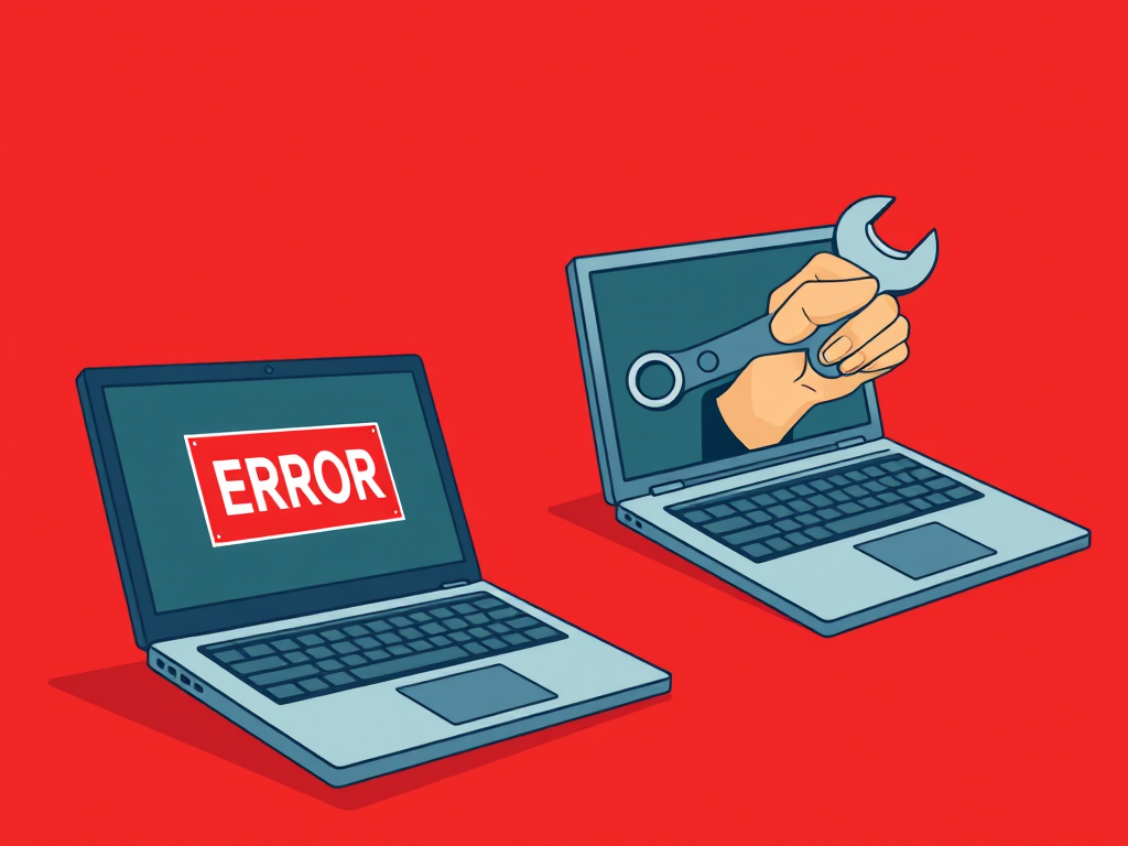 Create an illustration of two laptops on a red background, one laptop displaying an "ERROR" message while a hand holding a wrench emerges from the other laptop, use a wide-angle lens with f/4 aperture, 1/125 sec shutter speed, and natural lighting to enhance image quality, digital vector style.