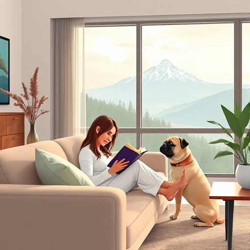 modern living room interior with a woman reading a book on a couch with a pug dog beside her, large windows showing a mountain view, soft natural light, digital illustration, DSLR camera, f/2.8 aperture, 35mm lens, ISO 100, bright and airy composition