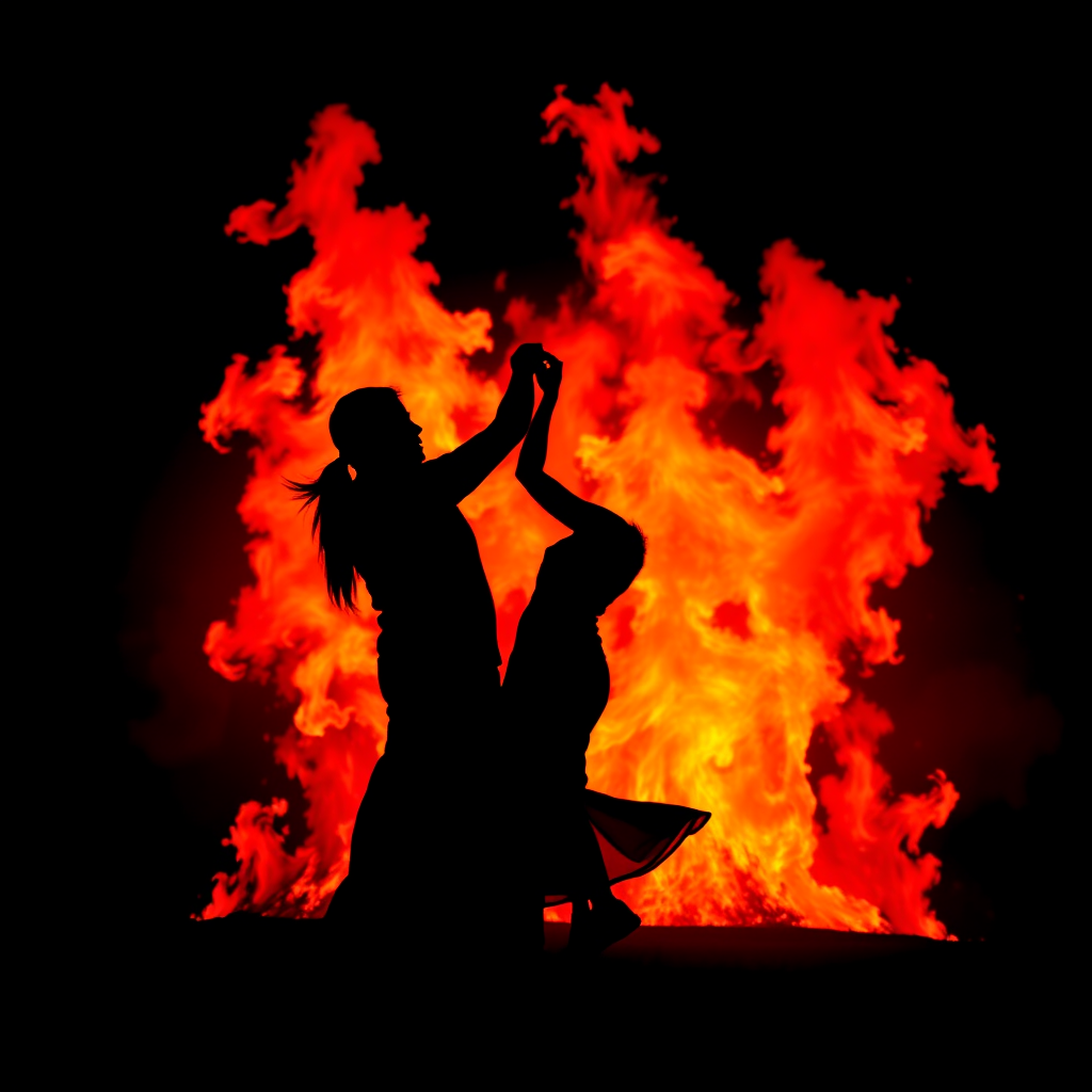 Create an image of two silhouettes dancing against a vibrant background of orange and red flames, using a DSLR camera, 50mm lens, f/1.8 aperture, 1/100 sec shutter speed, ISO 200, in a low light setting to enhance the contrast and vivid colors.