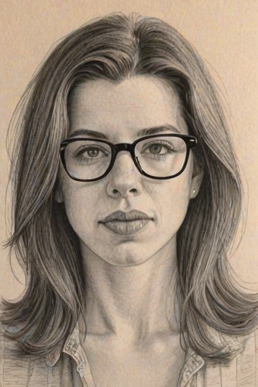 Comely Heather Matarazzo, pencil sketch, portrait of Stunning woman 1977s in glasses, hair style beatnik, outline, clear lines, fine lines, 8k