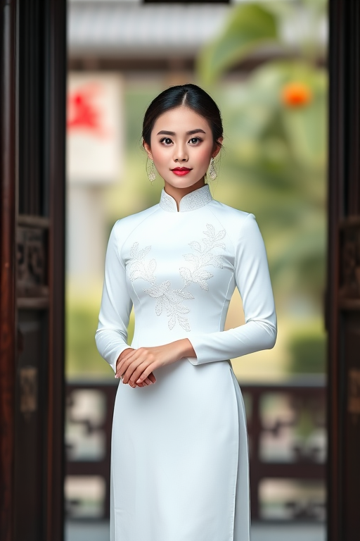 portrait of a young woman in a white ao dai standing gracefully in a traditional doorway, f/1.8, 50mm lens, ISO 100, natural light, shallow depth of field, DSLR photography, vibrant colors and soft bokeh background