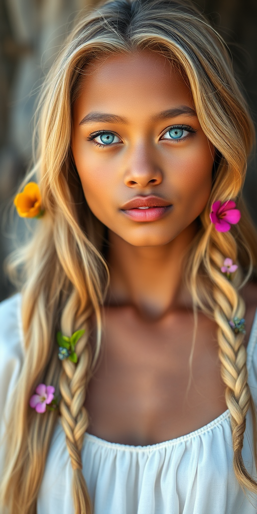 Create an image of a young Garifuna woman with long, wavy blonde hair, adorned with small, colorful flowers woven into her braids and loose strands. Her complexion is fair, with soft, glowing skin, and she has light blue eyes that gaze softly at the viewer. She wears a light, flowing dress with a gentle, ethereal quality, complementing her delicate and serene appearance. The background is slightly blurred, drawing focus to her tranquil expression and the intricate details of the flowers in her hair. The overall mood of the image is one of natural beauty and grace, evoking a sense of peacefulness and connection with nature.