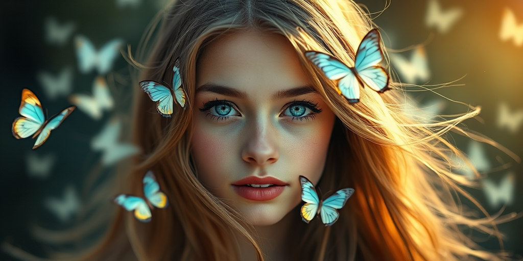 portrait of a young woman with flowing hair and bright blue eyes surrounded by glowing butterflies, soft ethereal background, high resolution, 50mm lens, f/1.8 aperture, shallow depth of field, natural lighting, DSLR camera