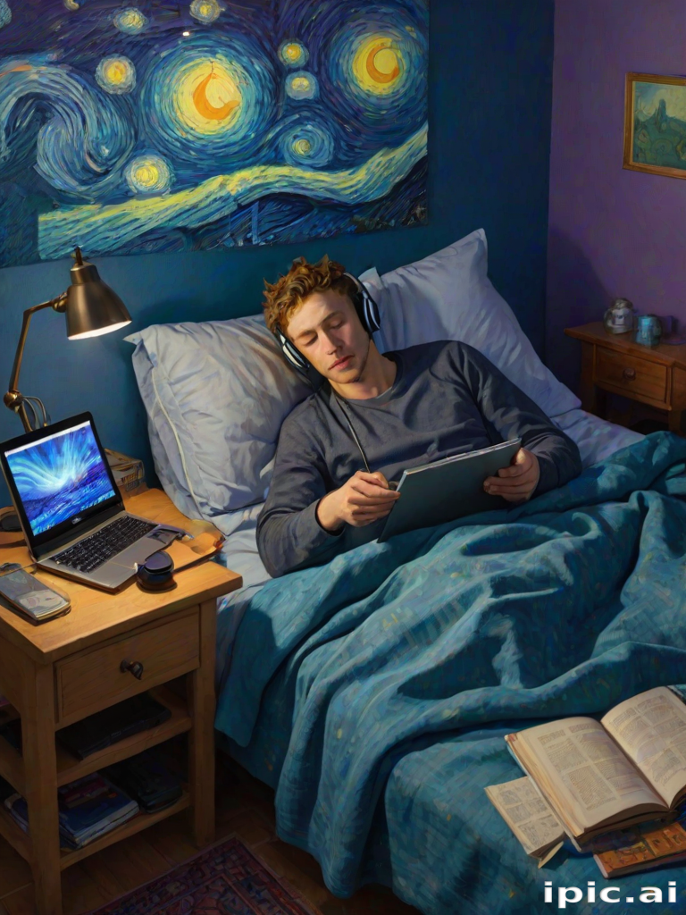 A top-down Van Gogh-style painting of a young man lying on his bed, listening to music with headphones. The room is softly lit with deep blues and purples, creating a peaceful nighttime atmosphere. The bed has a soft pillow, and the man's arms are resting behind his head. Around the bed, various glowing gadgets such as a smartphone, a laptop, and a small lamp are visible, casting a gentle light. The rest of the bedroom includes a desk with books, a chair, and a small rug on the floor. A window near the bed reveals a starry night sky with swirling stars, reminiscent of Van Gogh's 'Starry Night.' On the desk, there is a sketchbook with colorful drawings, a cup of coffee steaming gently, and a small potted plant. The walls have posters of famous paintings and a corkboard with pinned notes and photos. The scene is full of dynamic, swirling brushstrokes, capturing the essence of Van Gogh's unique style. The overall mood is serene and contemplative, with a touch of artistic inspiration.