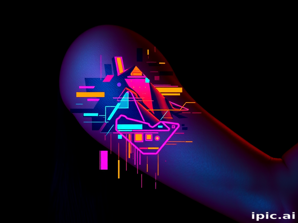 Glitch art-inspired pixelated design on upper arm, fragmented and distorted image in neon colors creating futuristic cyberpunk aesthetic