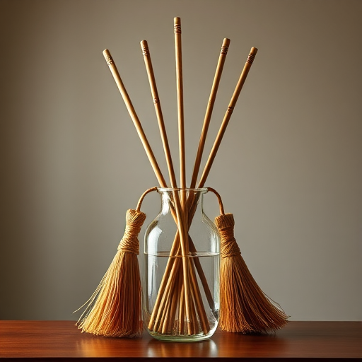 Generate a high-resolution vector image of a vase with five broomsticks arranged artistically, using a DSLR camera with a 50mm lens, aperture f/2.8, ISO 100, shot from a low angle for a dynamic perspective and enhanced clarity.