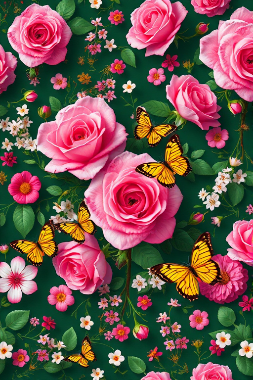 Create a vivid floral pattern featuring pink roses, yellow butterflies, and a variety of small flowers and leaves on a dark green background, captured with a Canon EOS R5, 50mm lens, f/1.8 aperture, 1/200s shutter speed, ISO 100 for high detail and vibrant colors.
