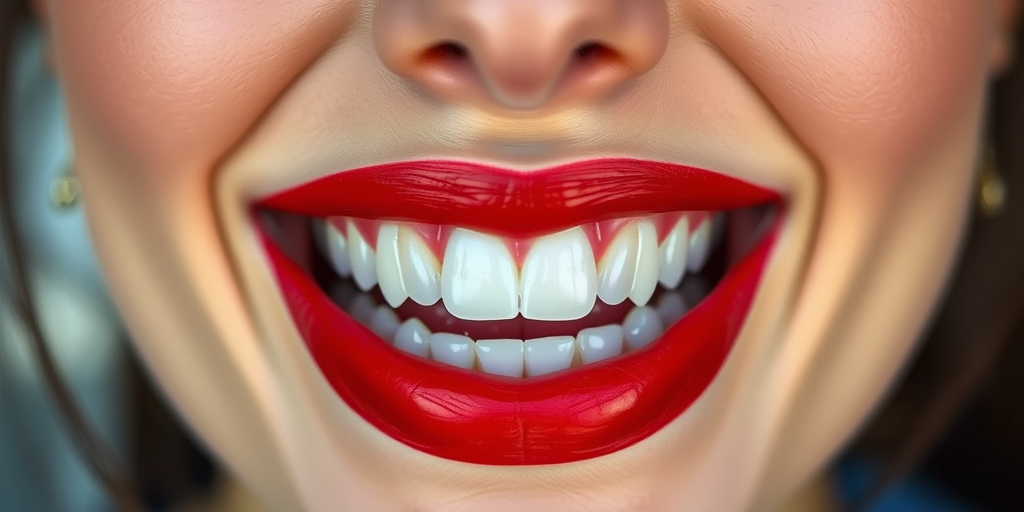 Create an illustration of a bright red lip smile with perfectly white teeth, using a Canon EOS R5 camera with a 50mm f/1.2 lens, aperture at f/2.8, ISO 100, and a close-up view to enhance clarity and detail.