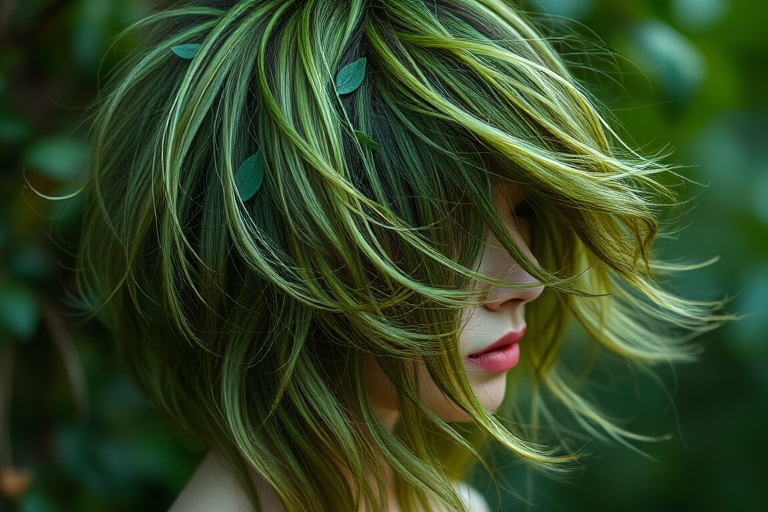 Enchanting image of a person with Forest Canopy hair, various shades of green in a long, layered cut with wispy strands mimicking leaves