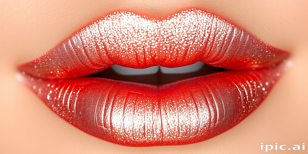 Shimmering rose gold metallic lips with a holographic sheen and multidimensional sparkle, named "Celestial Champagne Kiss"