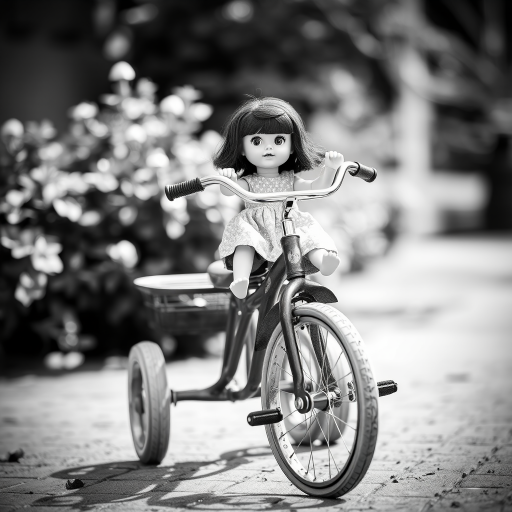 capture a close-up shot of a vintage tricycle with a doll seated on it in a monochrome style, use a shallow depth of field with an aperture of f/2.8, ISO 200, shutter speed 1/125s, natural light from the side, taken with a DSLR camera at eye level