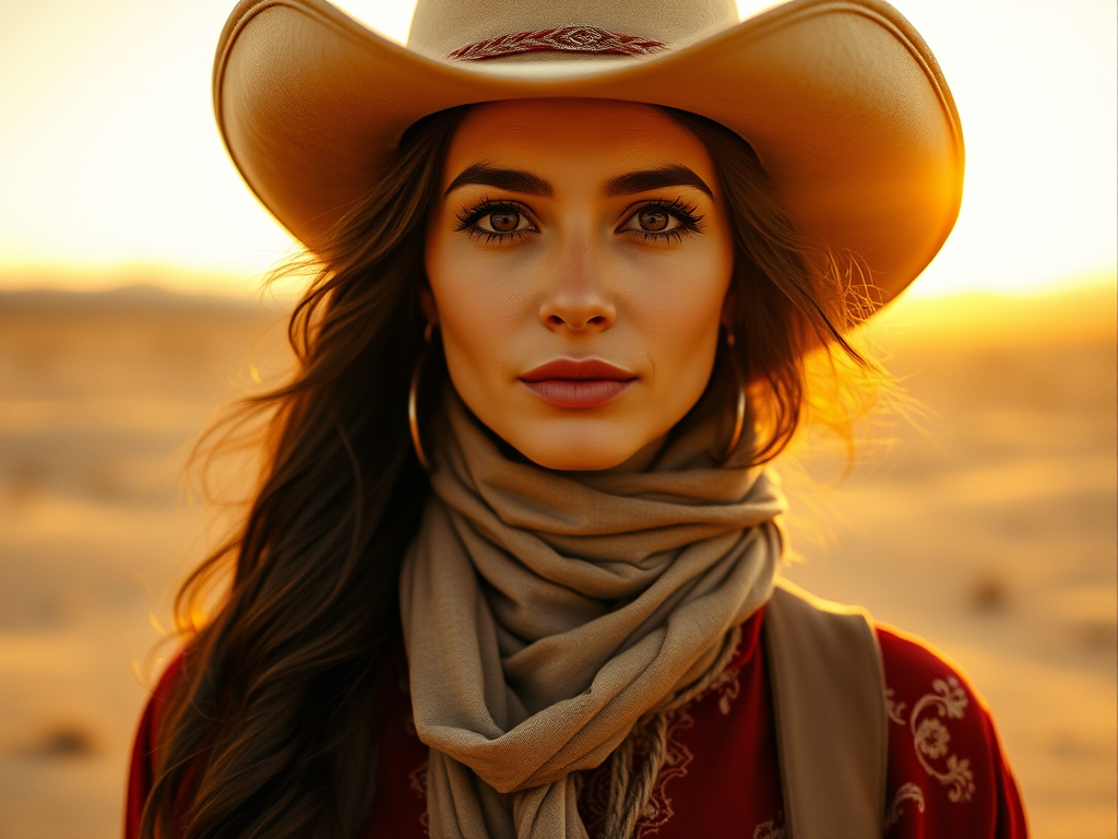 Dramatic photo of a beautiful Azerbaijani woman, classic cowboy attire, confident and free spirit expression, half-length portrait, centered, golden hour desert landscape, warm, diffused light, low angle, medium format film camera, in style of Annie Leibovitz.