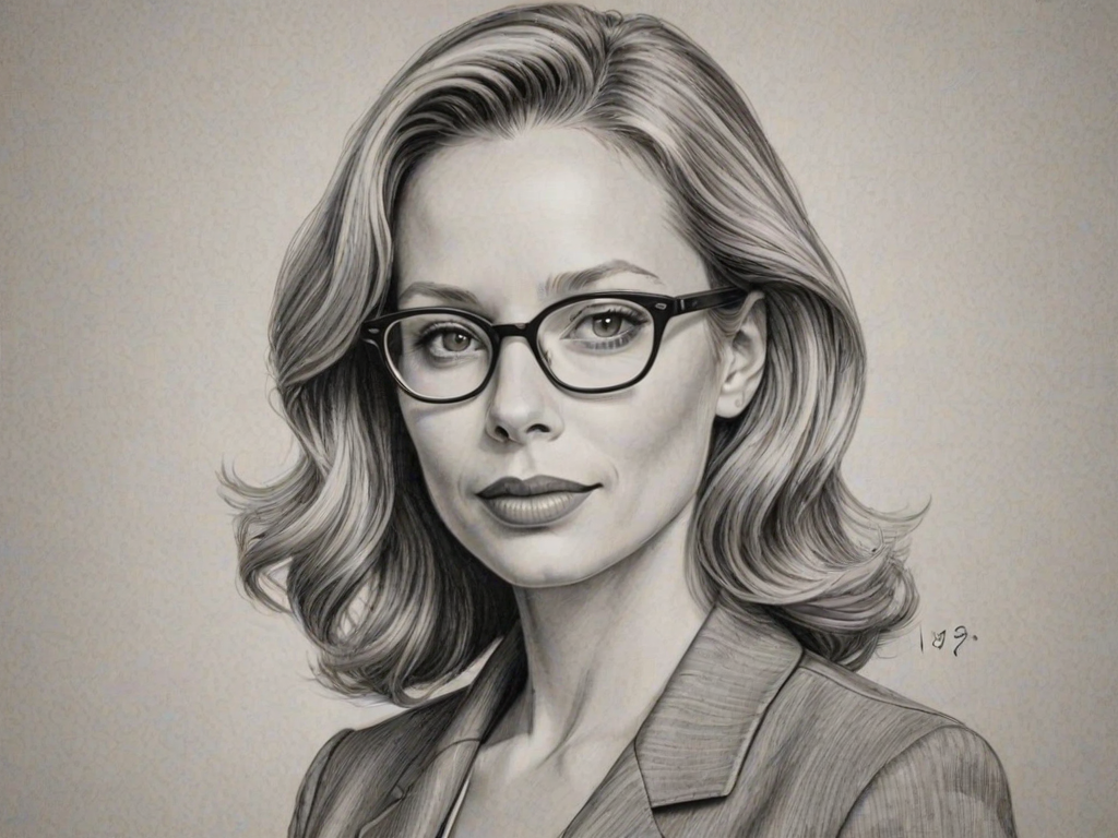 Resplendent Ally McBeal, pencil sketch, portrait of Superb woman 1952s in glasses, hair style beatnik, outline, clear lines, fine lines, 8k