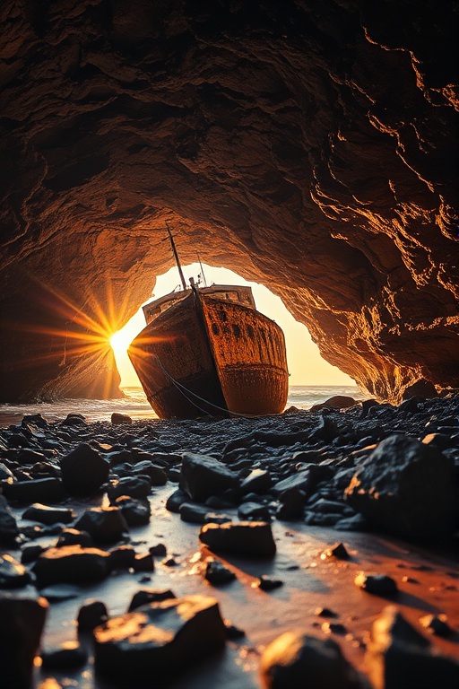 regenerate a high-resolution image of a rusted shipwreck on a rocky beach inside a cave, saturated colors, golden hour lighting, focus on the ship with dramatic shadows, captured with a full-frame DSLR camera using a 24-70mm lens at f/8, ISO 100, shutter speed 1/200s, wide-angle perspective from low angle.