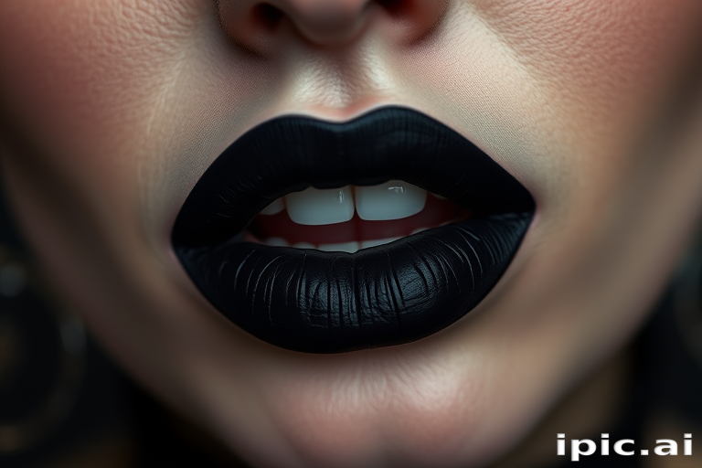 Intense "Ink Noir" liquid matte lipstick in deepest black, ultra-pigmented and smudge-proof formula, creating dramatic and gothic-inspired looks