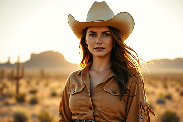 Dramatic photo of a beautiful Georgian woman, classic cowboy attire, confident and free spirit expression, half-length portrait, centered, golden hour desert landscape, warm, diffused light, low angle, medium format film camera, in style of Annie Leibovitz.